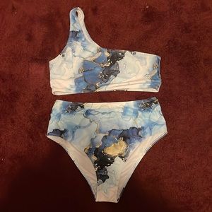 CUPSHE- blue & gold one strap high-waist bikini